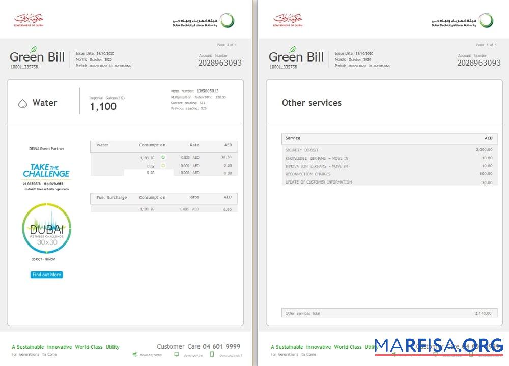 Downloadable UAE Dubai Electricity & Water Authority utility bill template in Word format (4 pages) 3 4